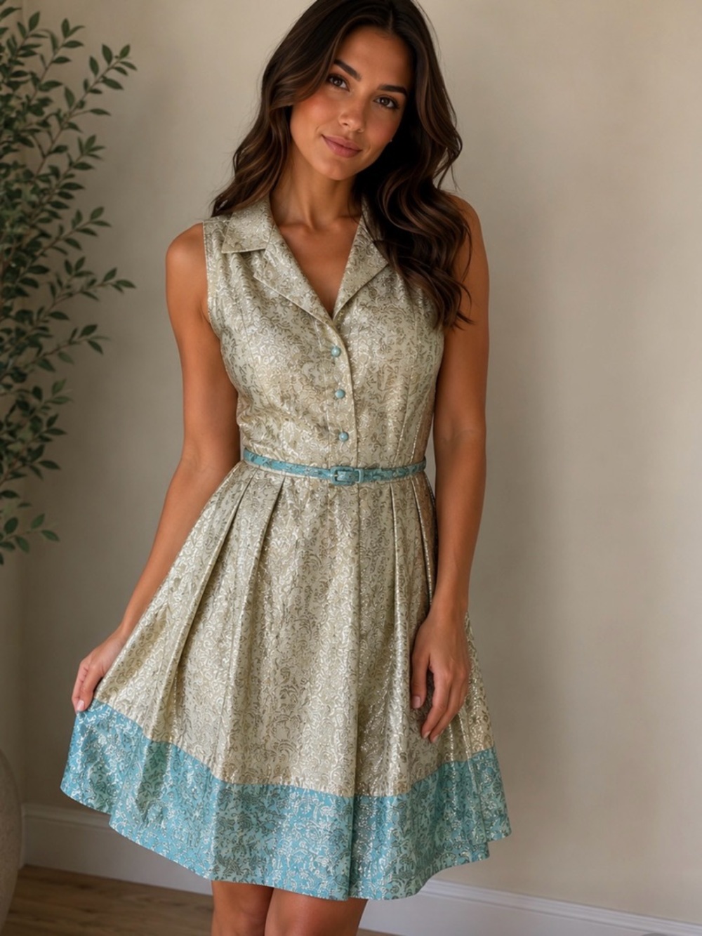 Duro Olowu Gold and Mint Green Metallic Fit-and-Flare Dress | Size 6 - Picture 1 of 11